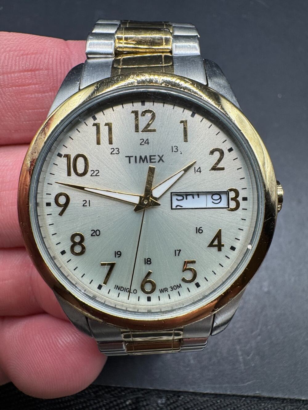 Timex South Street Indiglo Watch Men 36mm Champagne Dial Two Tone Day Date